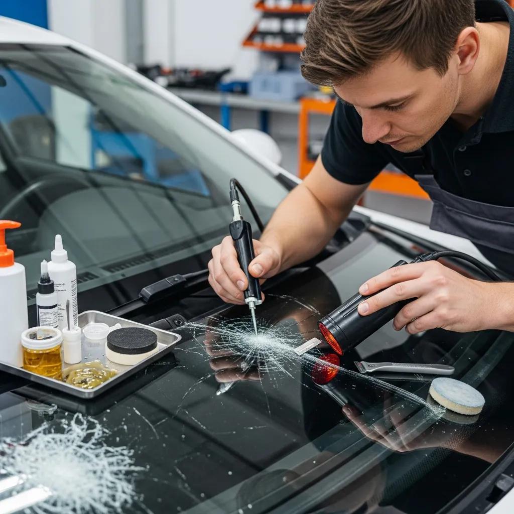 Technician repairing a car windshield in a professional workshop