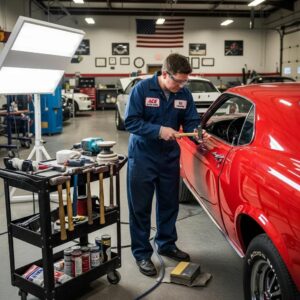 Technician repairing an American car in a professional auto body shop