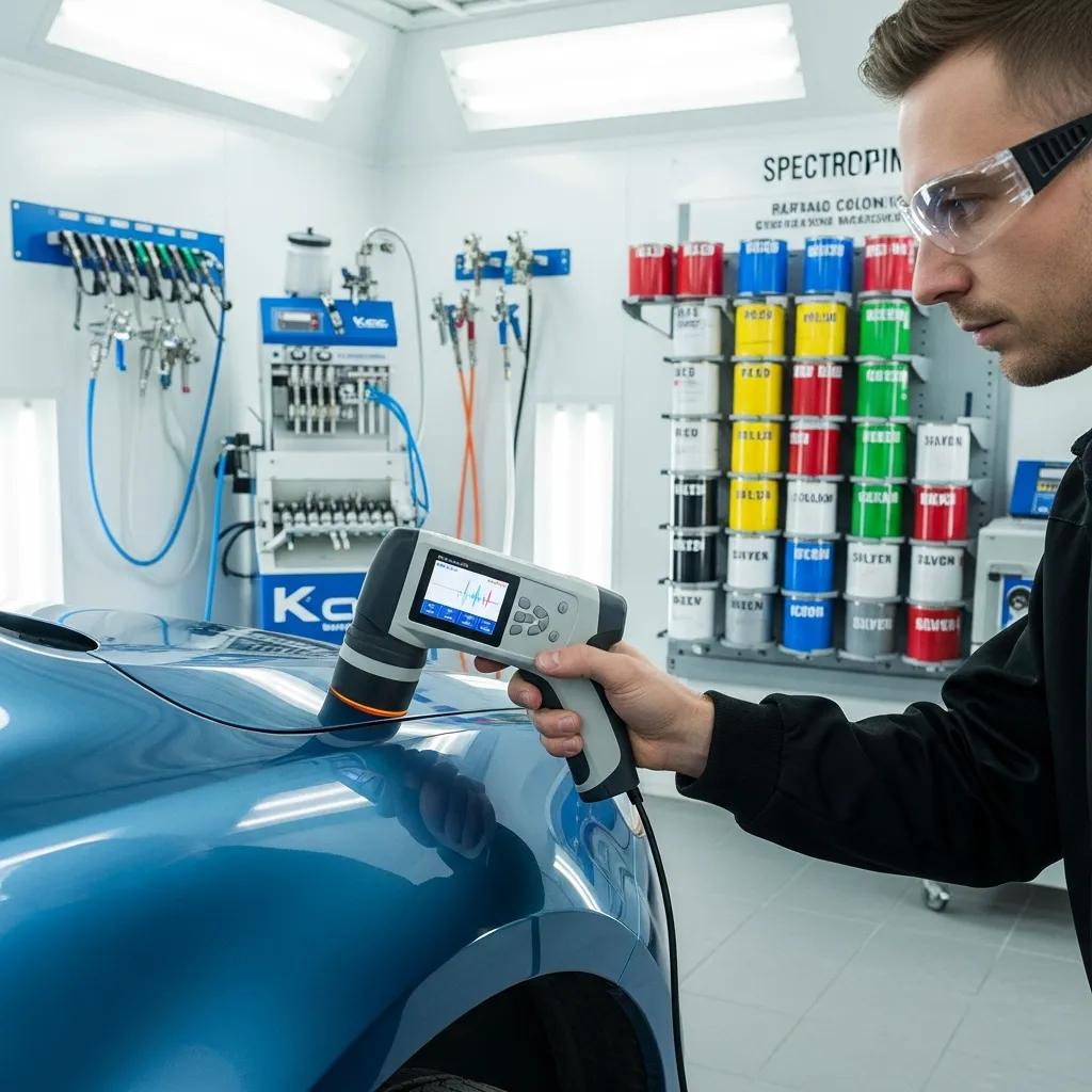 Technician scanning vehicle paint color with a spectrophotometer inside a paint booth