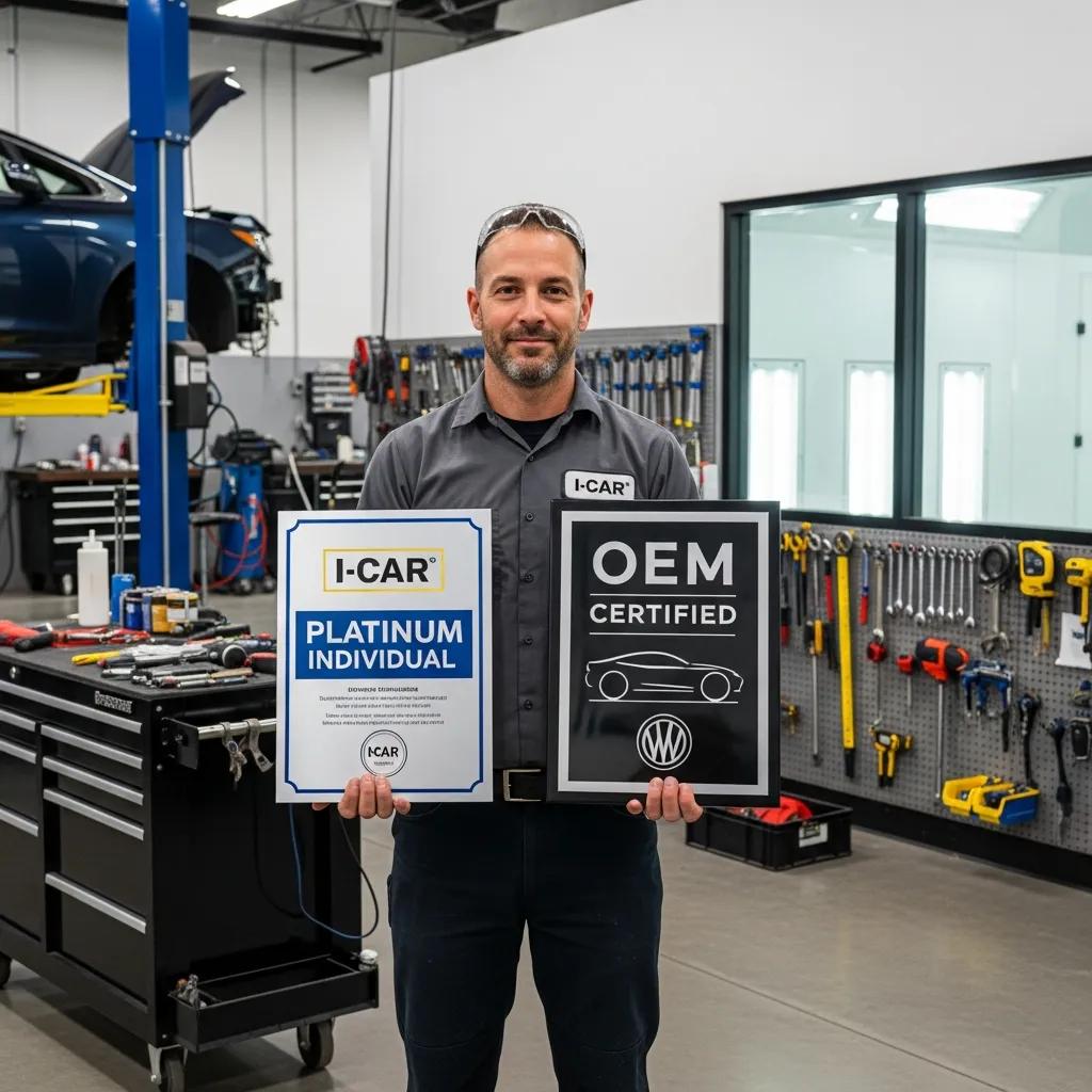 Technician holding I-CAR Platinum Individual and OEM Certified plaques in an auto body shop, showcasing commitment to quality repairs and safety standards.
