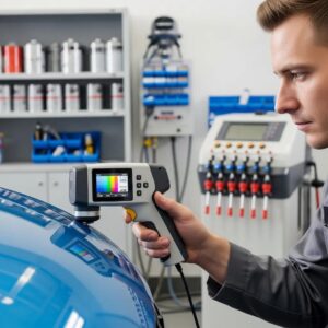 Technician using a spectrophotometer for precise automotive paint matching in a modern workshop