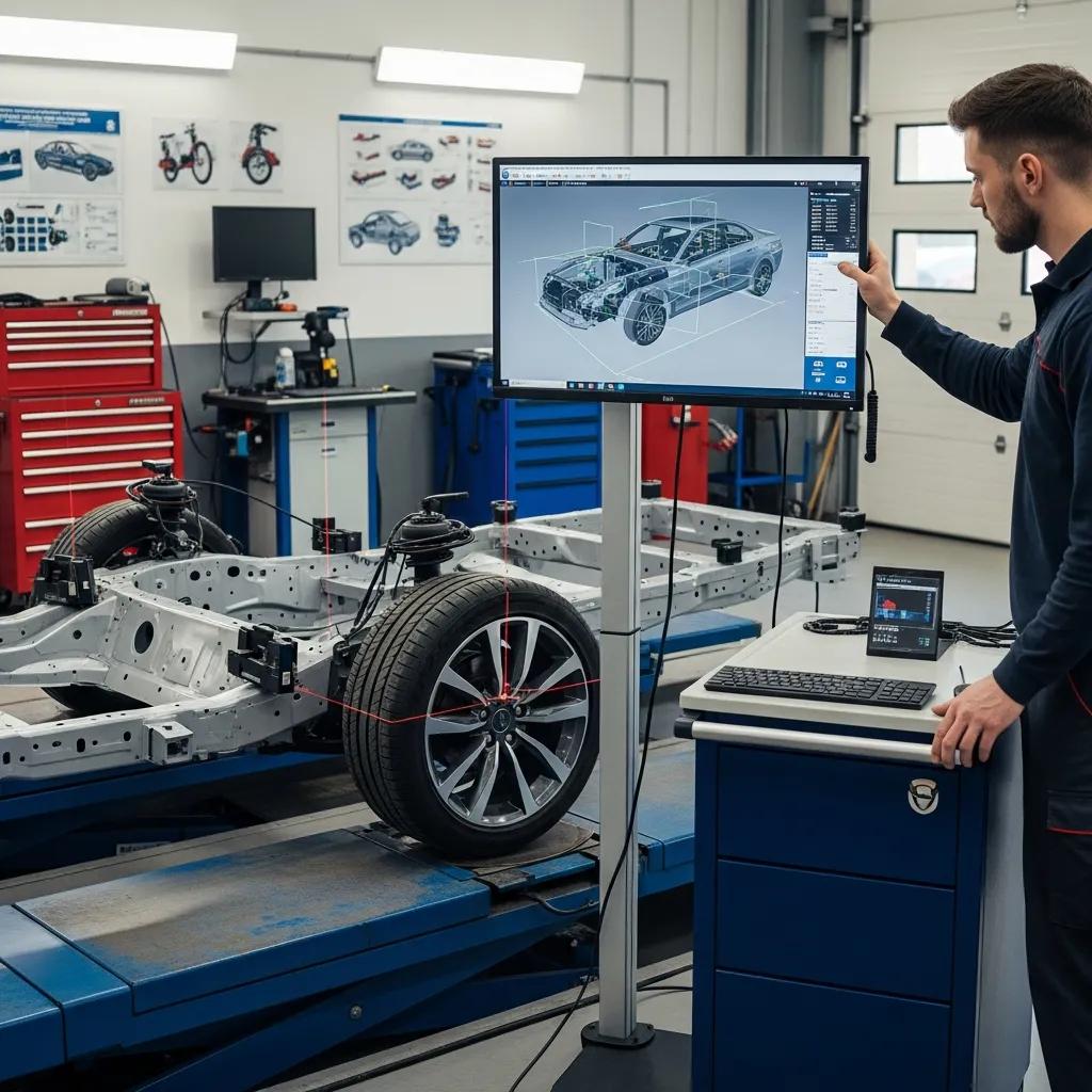 Technician using a computerized measuring system to check vehicle reference points