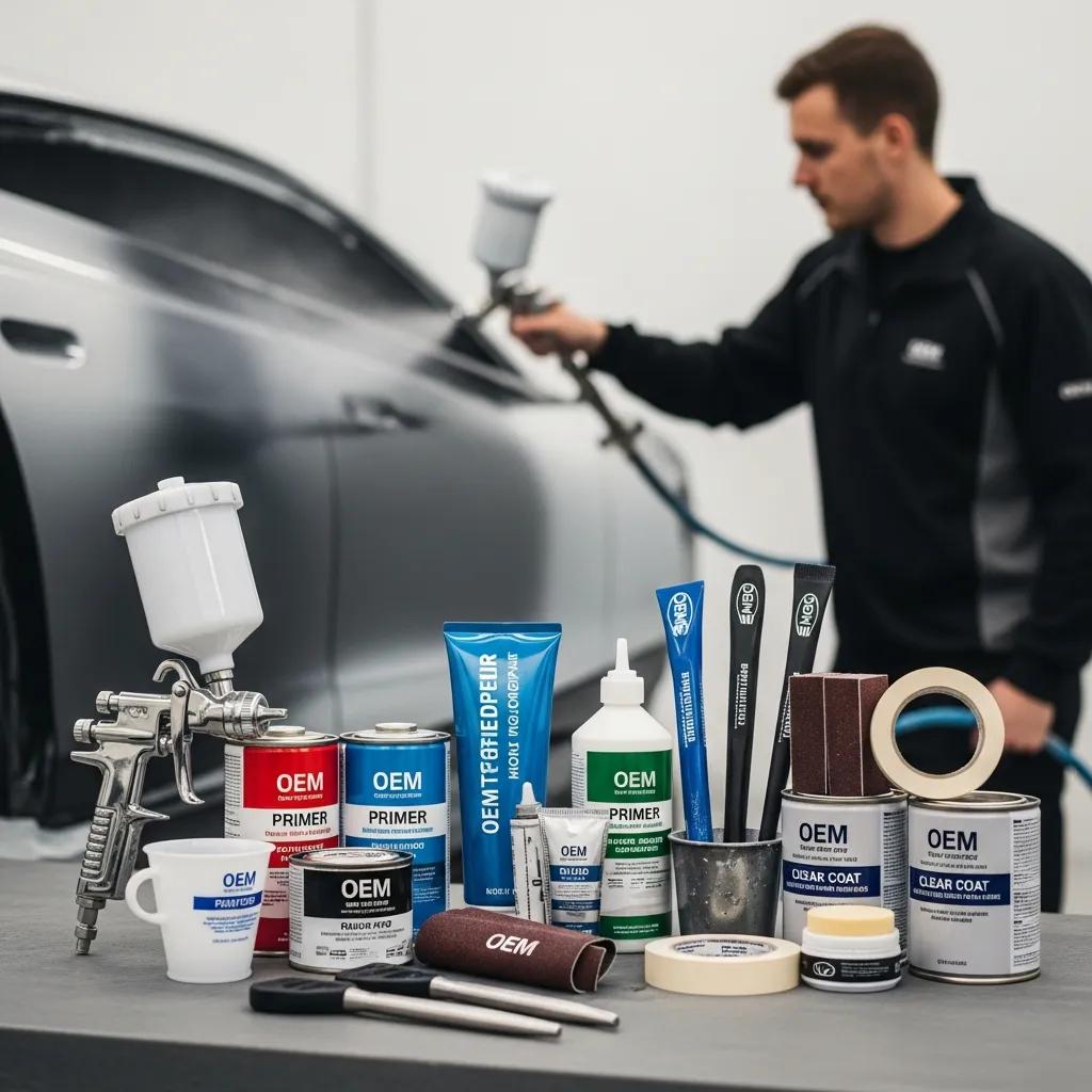 Technician using OEM paint materials to match vehicle color