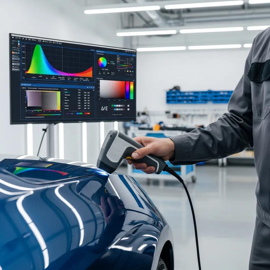 Technician using a spectrophotometer for precise color matching on a blue car in an automotive repair shop, with color analysis displayed on a monitor.