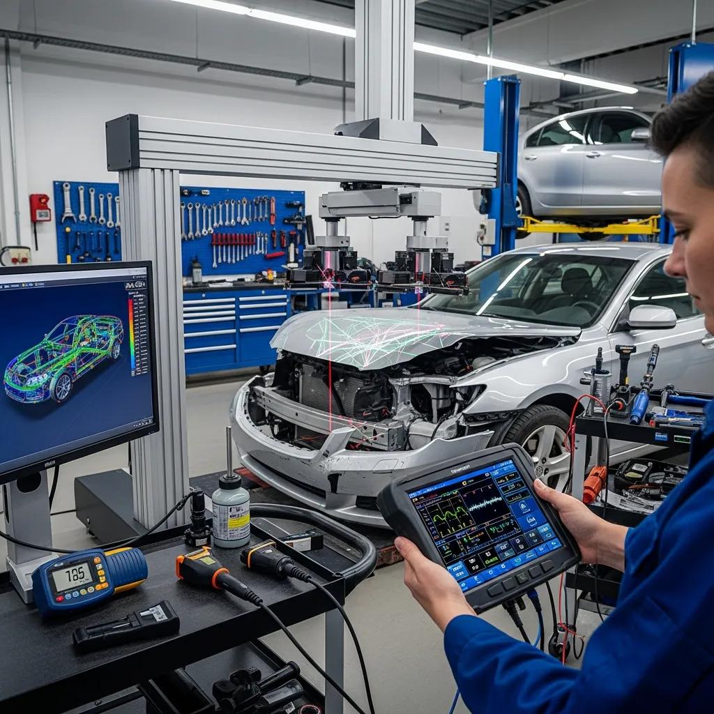 Technician using diagnostic tools and frame measurement equipment for a detailed vehicle inspection