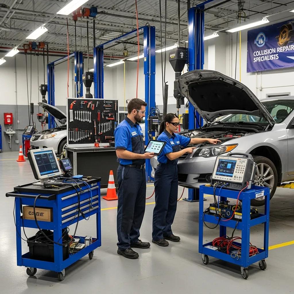Technicians in a professional auto service shop using diagnostic equipment on a vehicle, highlighting the importance of certified collision repairs and manufacturer procedures.
