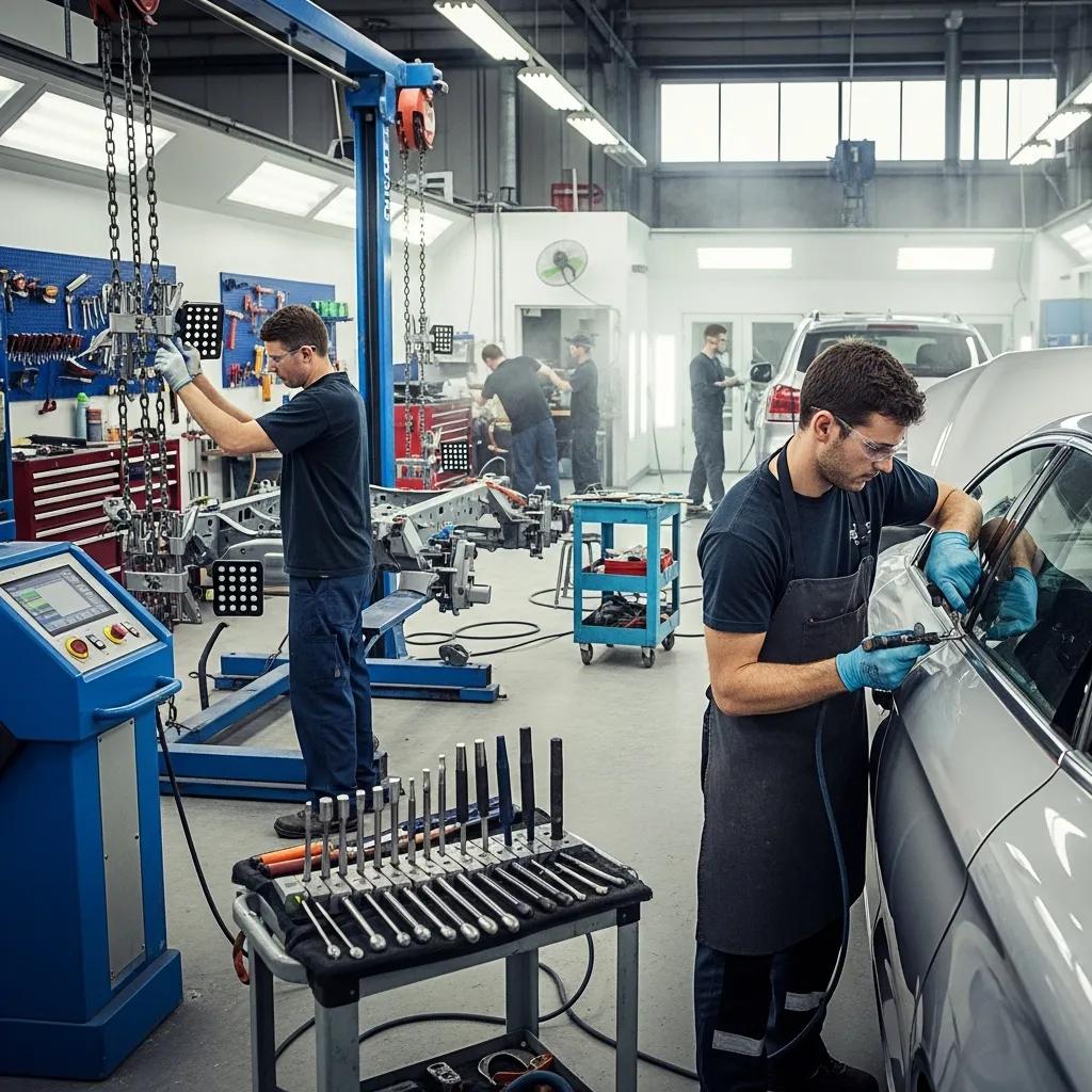 Technicians performing various auto body repair services, including paintless dent repair and frame straightening, showcasing precision and care in a modern collision repair shop.