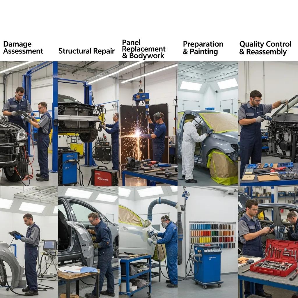 Technicians performing various stages of the collision repair process, including damage assessment, structural repair, panel replacement, painting preparation, and quality control, highlighting safety and quality in auto body repairs at Prime Time Collision Center.