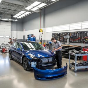 Tesla Model 3 being repaired in a professional body shop with technicians at work