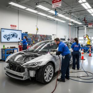 Tesla vehicle undergoing collision repair in a certified body shop, highlighting advanced repair techniques and safety