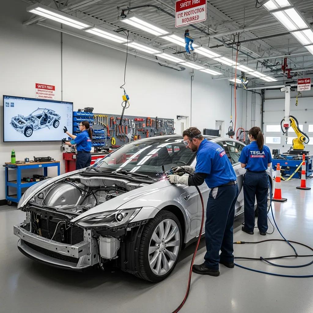 Tesla vehicle undergoing collision repair in a certified body shop, with technicians using advanced tools and safety practices, highlighting OEM-quality repair processes and specialized aluminum body techniques.