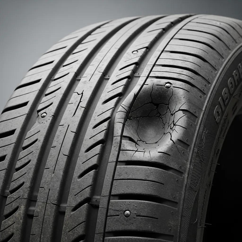 Tire displaying visible damage signs including cracks, bulges, and uneven tread wear, indicating potential safety issues and need for inspection or replacement.