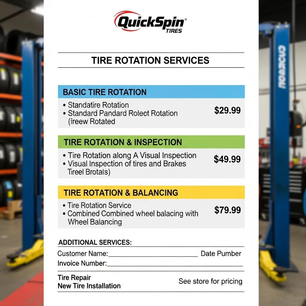 Tire service invoice detailing costs for basic tire rotation, tire rotation with inspection, and tire rotation with balancing, relevant to tire maintenance and pricing information.
