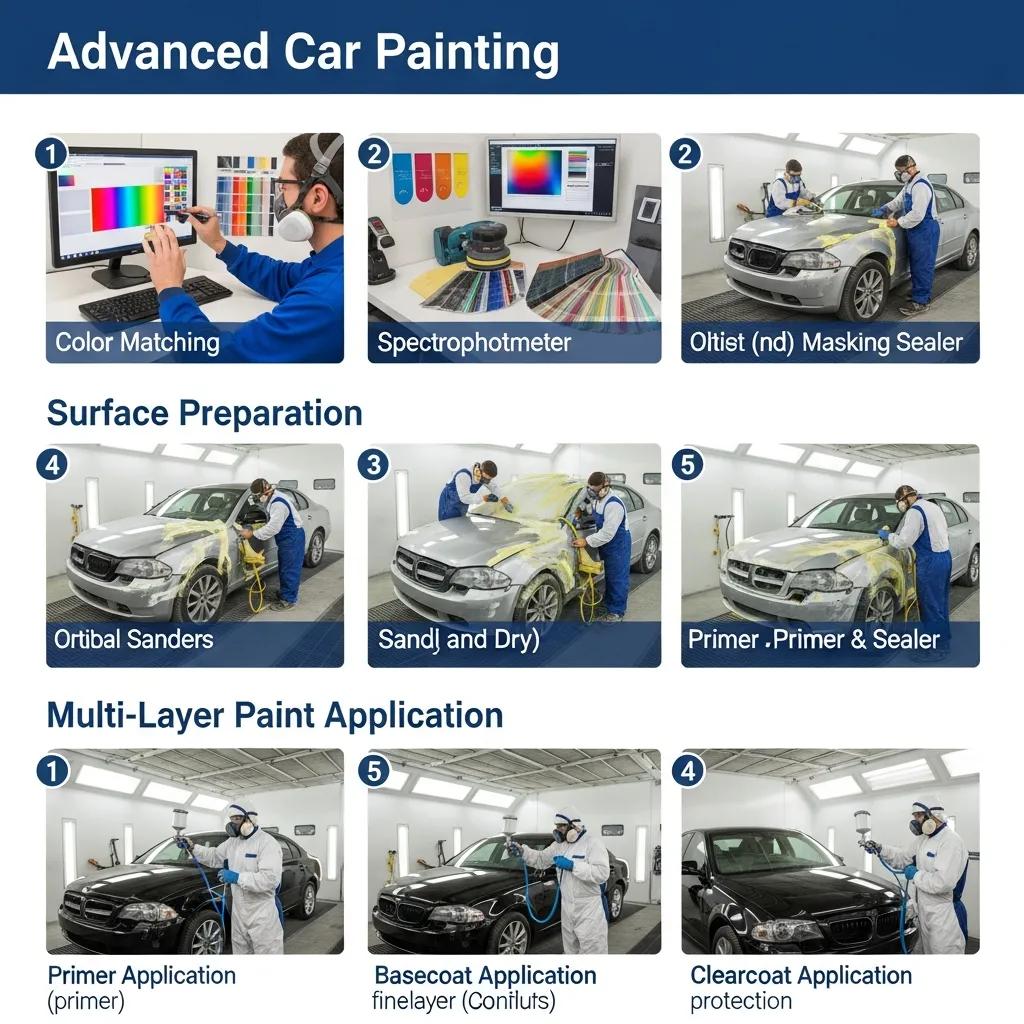 Technicians and equipment illustrating an advanced car painting process in a shop