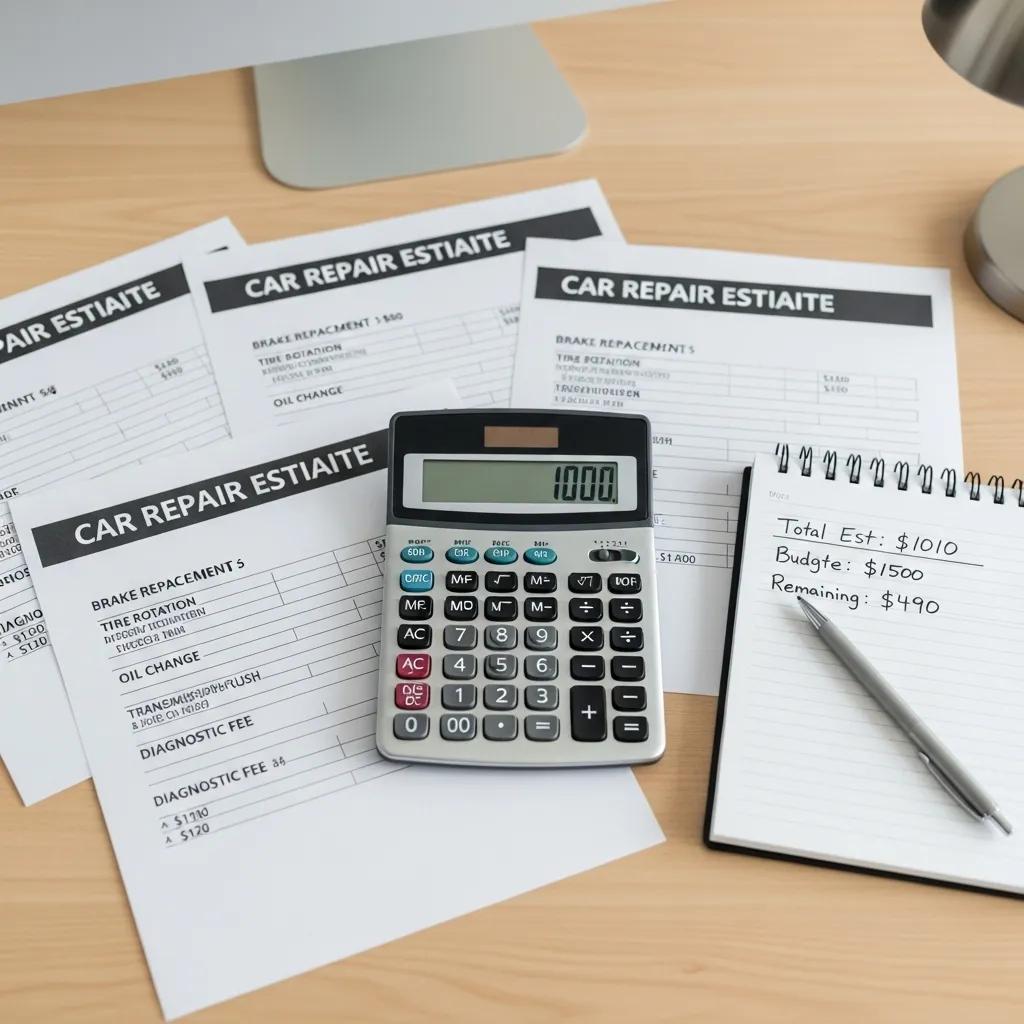 Estimate details on a desk: calculator, notes, and repair photos for paintless dent work