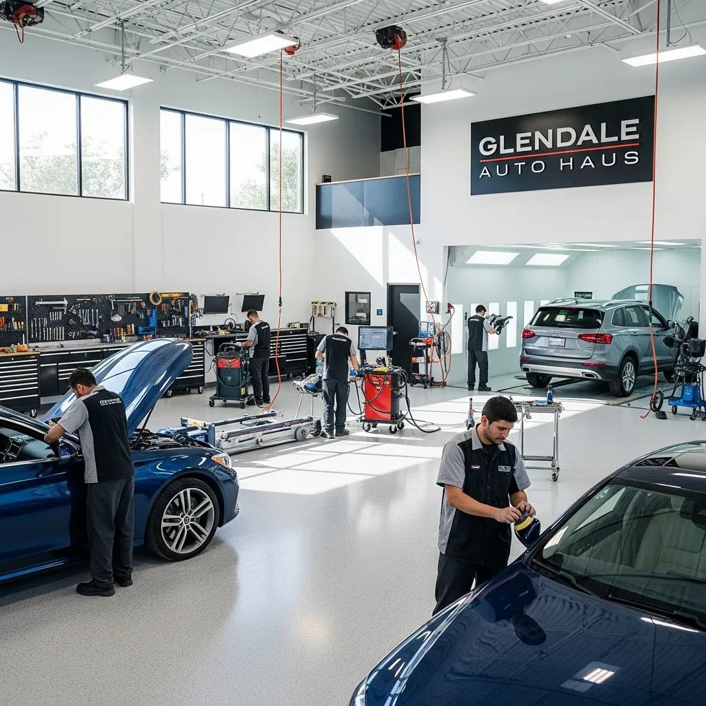 Technicians working in a modern auto body repair shop in Glendale, focusing on vehicle maintenance and collision repair, with tools and equipment visible, highlighting professionalism and quality service at Prime Time Collision Center.