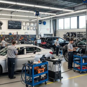 Auto body repair shop with technicians performing OEM-certified collision repair services, featuring multiple vehicles and repair equipment in a modern workshop setting.