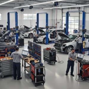 Auto body repair shop with technicians working on vehicles, showcasing quality collision repair services and a well-equipped workspace.