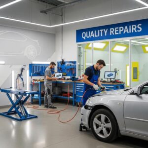 Technicians performing auto body repairs in a modern shop, emphasizing quality repairs and professional service at Prime Time Collision Center.