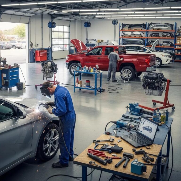 Auto body repair shop with technicians working on vehicles, highlighting repair processes, tools, and equipment in a clean, well-lit environment.