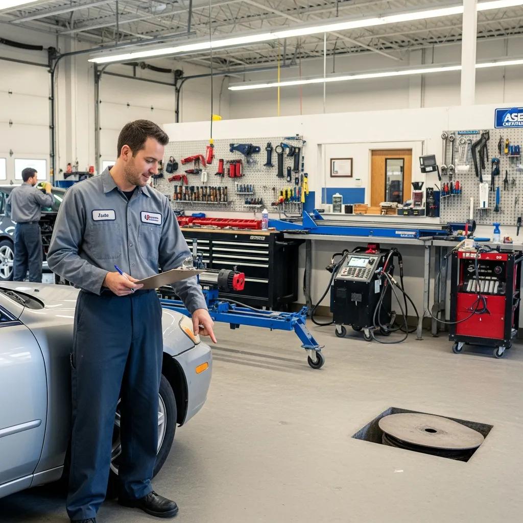 Auto body shop technician assessing vehicle damage with clipboard in repair facility, tools and equipment visible in background, representing collision repair estimates.