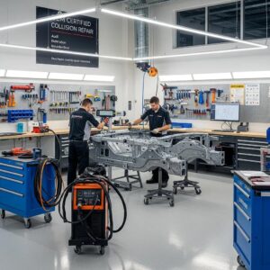 Auto body shop with technicians performing OEM certified collision repair on a vehicle