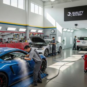 Technicians performing quality auto body repairs in a modern shop, emphasizing professionalism and vehicle restoration.