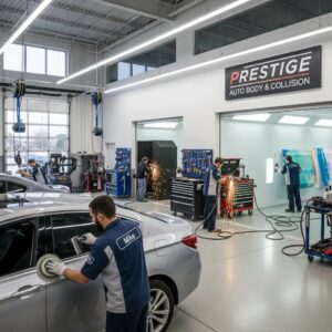 Technicians performing quality auto body repairs in a modern workshop, showcasing expertise in collision repair services at Prime Time Collision Center.