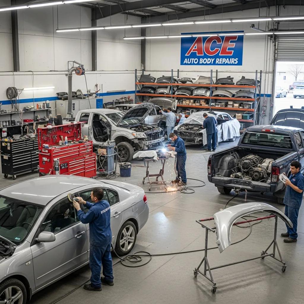 Technicians working in an auto body shop, repairing vehicles and illustrating factors influencing auto body repair costs.