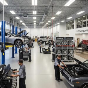Auto repair shop interior with technicians working on vehicles, highlighting quality collision repair services and expert care for vehicles.