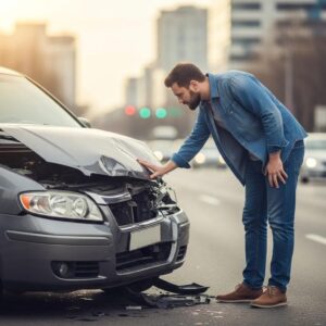 Car accident scene highlighting the importance of uninsured motorist coverage with a damaged vehicle and concerned driver