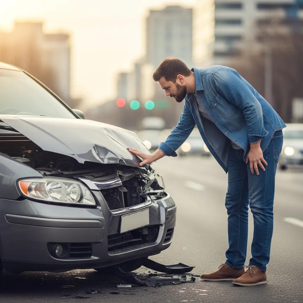 Car accident scene highlighting the importance of uninsured motorist coverage with a damaged vehicle and concerned driver