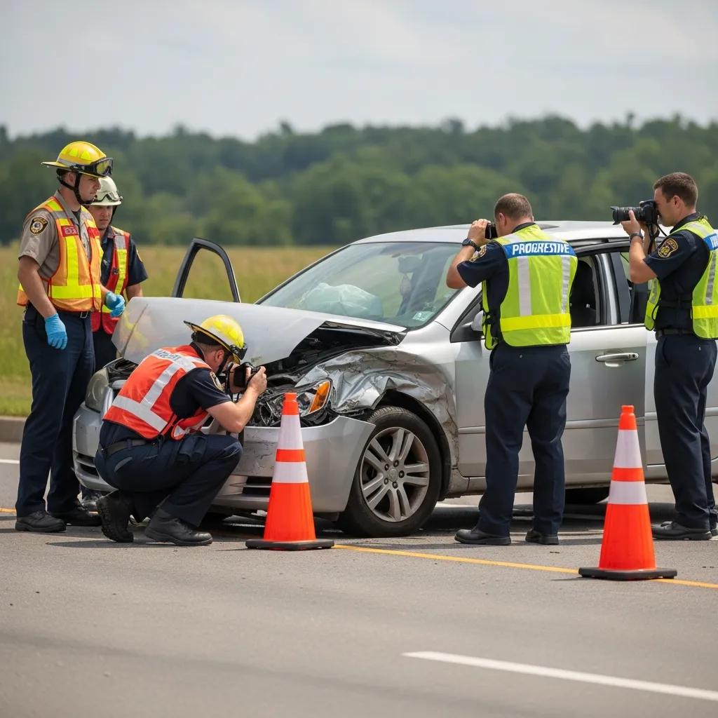 Car accident scene with emergency responders and documentation efforts for Progressive auto insurance claims