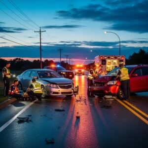 Car accident scene with emergency responders highlighting the importance of liability insurance
