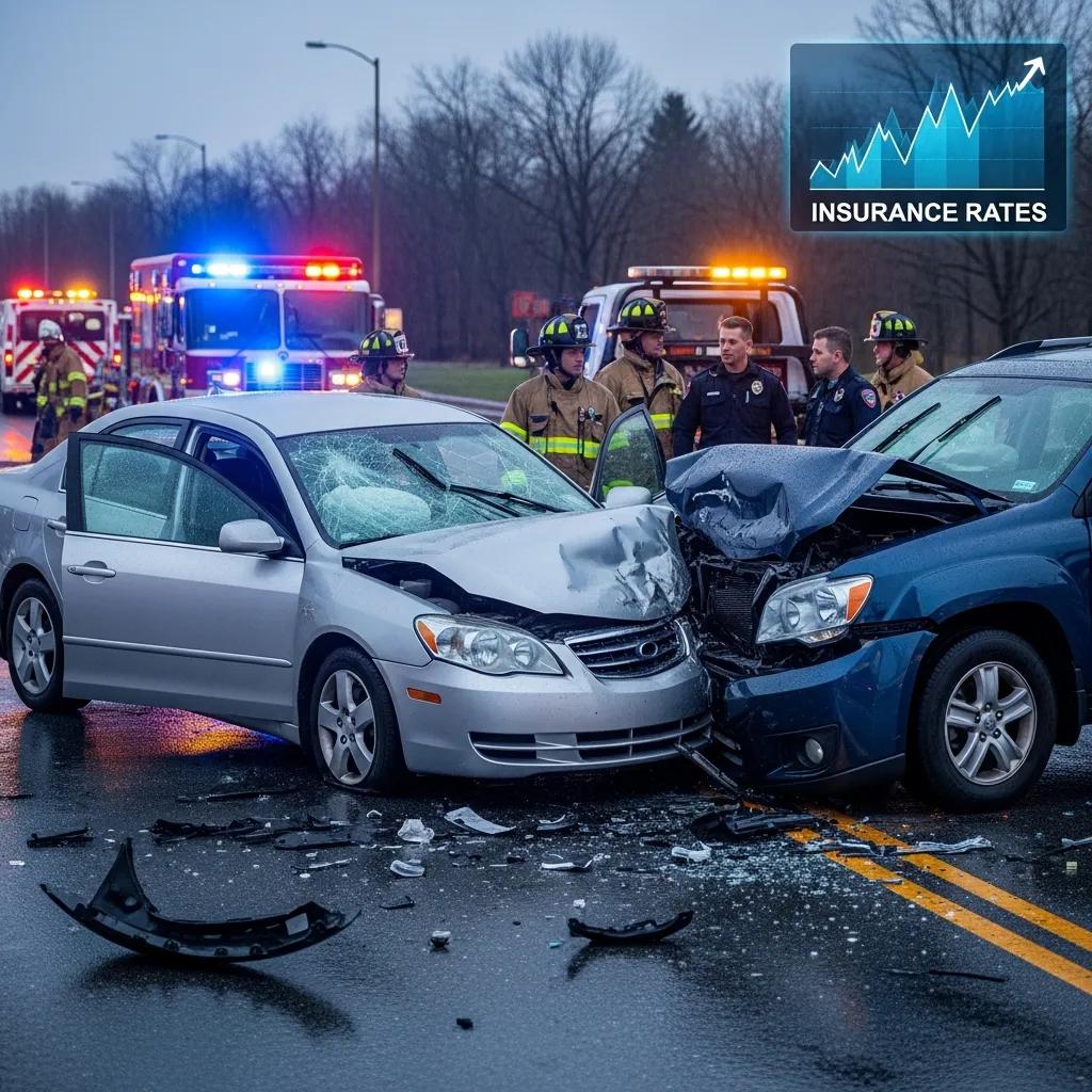 Car accident scene with a silver sedan and blue SUV, emergency responders assessing the situation, and a graphic showing rising insurance rates in the corner.