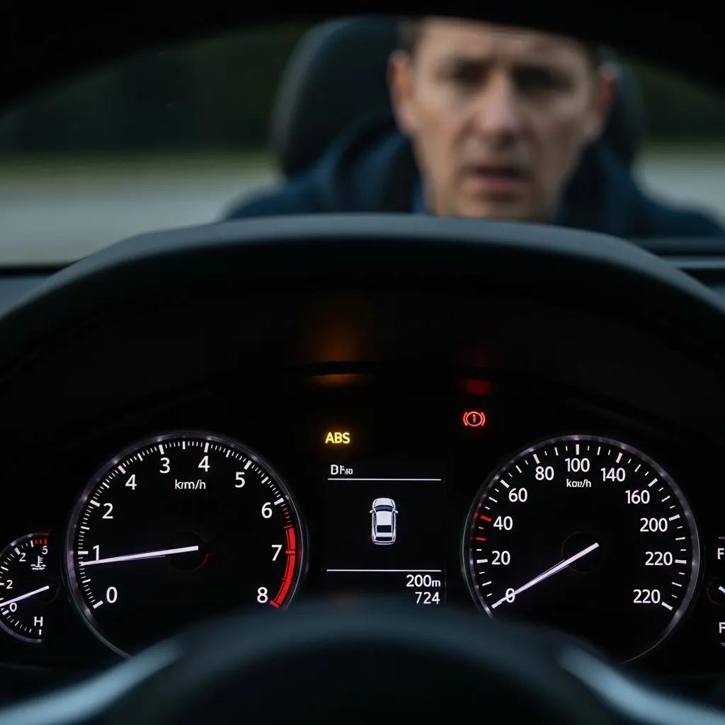 Car dashboard displaying illuminated ABS warning light, indicating a potential issue with the anti-lock braking system, alongside speed and distance metrics.