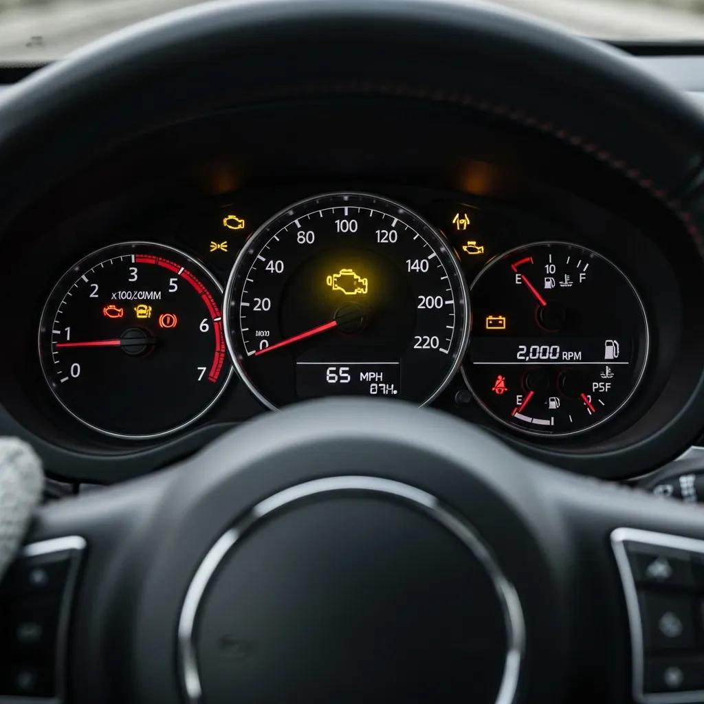 Car dashboard displaying illuminated check engine light, speedometer at 65 MPH, and various warning indicators related to potential spark plug issues and engine diagnostics.