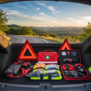 Car emergency kit with essential safety items including first aid supplies, warning triangles, and tools in a vehicle trunk, emphasizing the importance of preparedness for road safety.