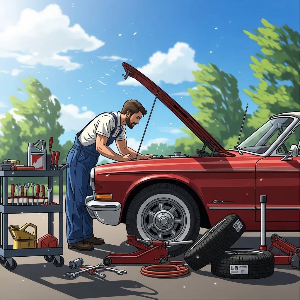 Mechanic performing summer car maintenance on a red vehicle, checking the engine under a bright sky, with tools and tires visible, emphasizing the importance of proactive vehicle care in hot weather.