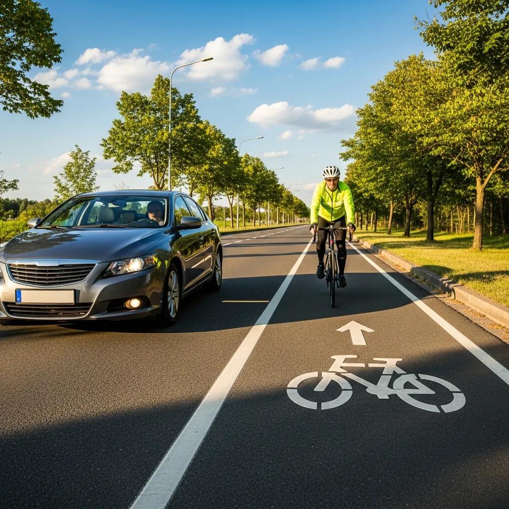 Car safely passing a cyclist in a designated bike lane on a sunny day