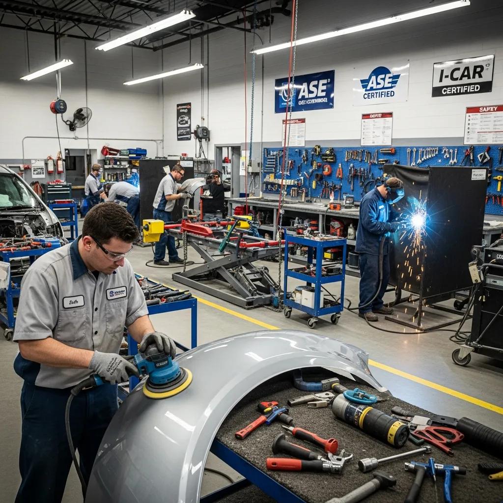 Technician polishing vehicle fender in certified auto body shop, showcasing quality collision repair services with I-CAR and ASE certifications in Glendale, CA.