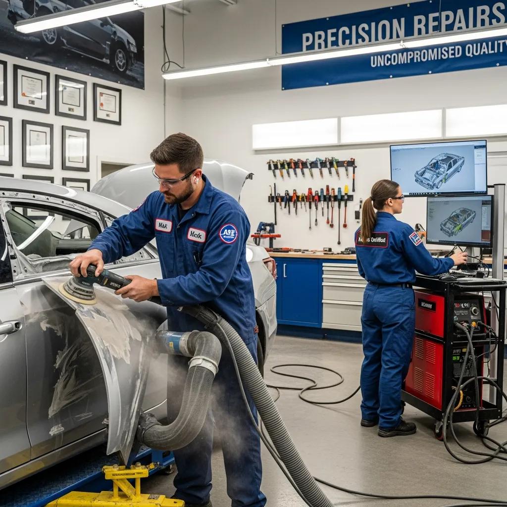 Certified auto body technicians performing precision repairs in a modern collision repair facility, showcasing expertise and quality standards with tools and equipment visible.