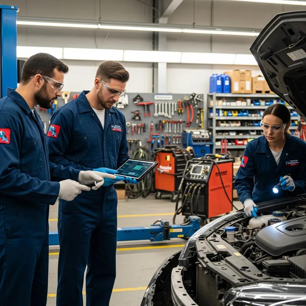 Certified auto repair technicians inspecting a vehicle in a modern workshop, showcasing expertise in collision repair and quality standards, supported by tools and equipment.