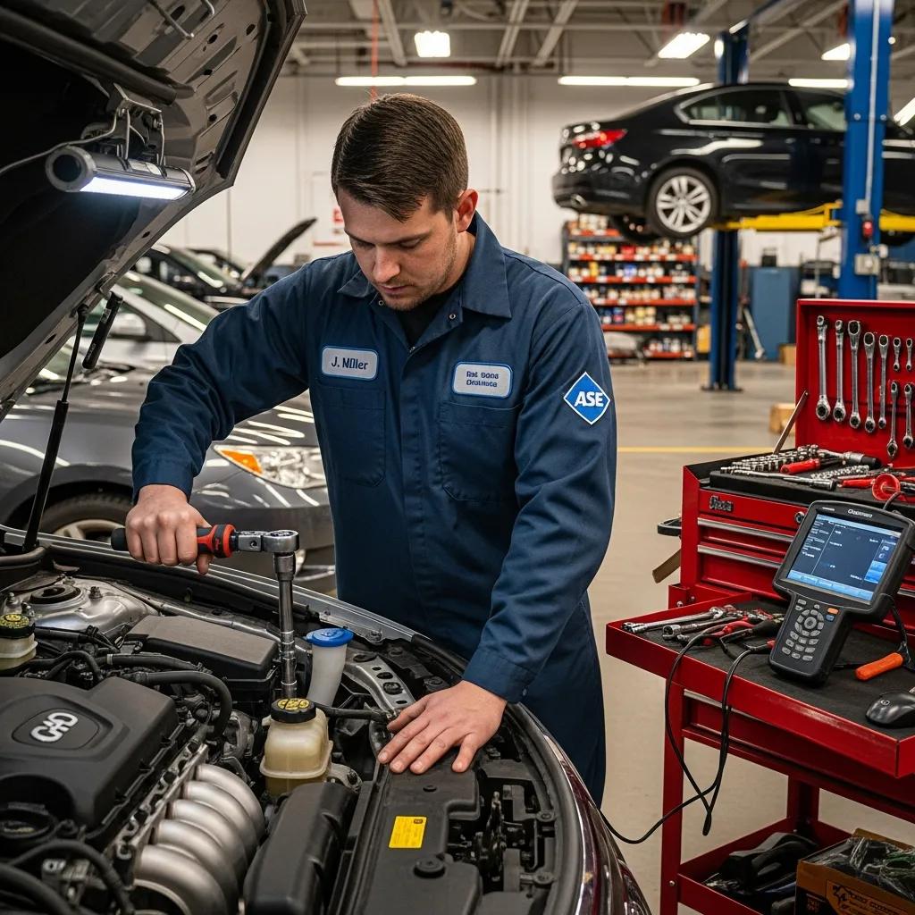 Certified technician performing vehicle repairs in an auto body shop, highlighting the importance of expertise and training in automotive labor rates and repair quality.