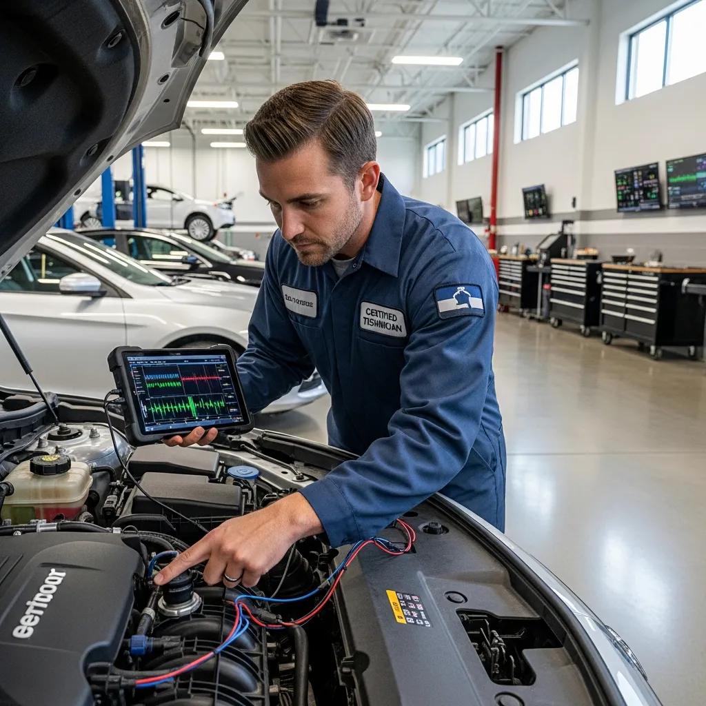 Certified technician using diagnostic equipment on a vehicle in a modern auto repair facility, emphasizing the importance of ongoing training and certifications for quality collision repairs.