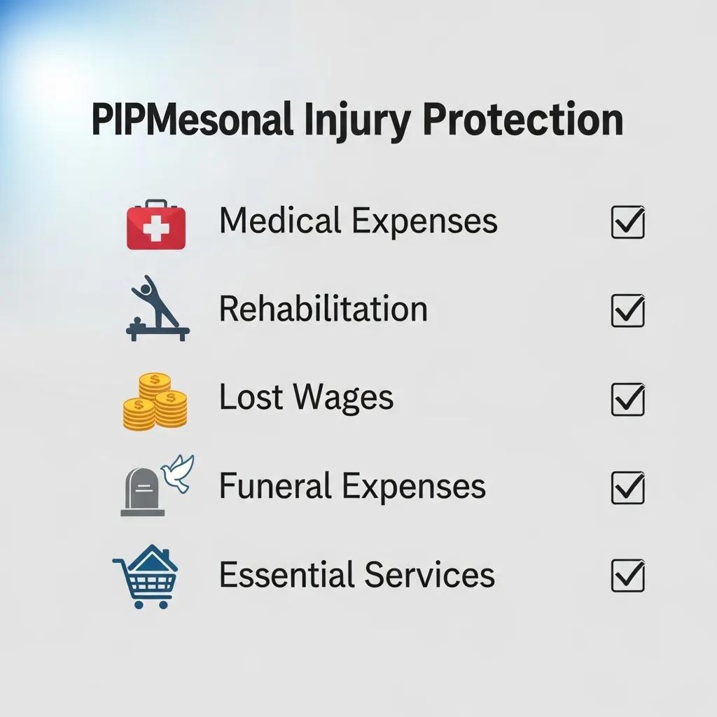 PIP (Personal Injury Protection) benefits checklist including medical expenses, rehabilitation, lost wages, funeral expenses, and essential services with checkmarks indicating coverage details.