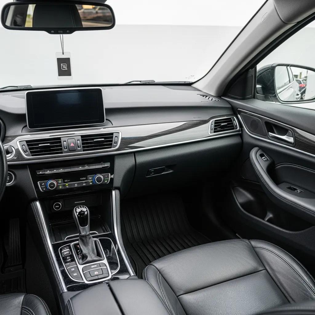 Clean car interior showcasing organized dashboard and seats, emphasizing professional detailing