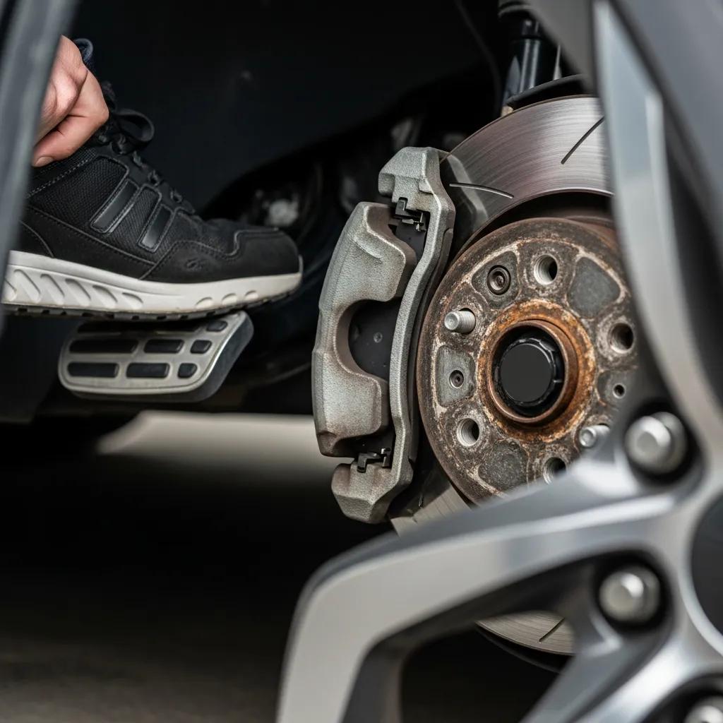 Close-up of a brake assembly showing wear, highlighting effects of riding the brakes