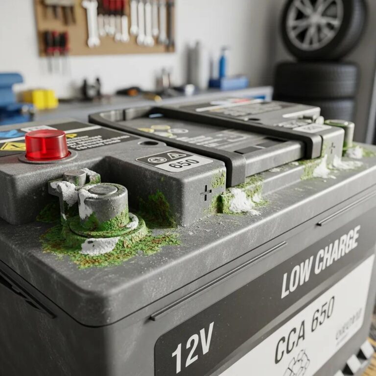 Close-up of a car battery showing signs of wear and corrosion, emphasizing the importance of recognizing battery issues