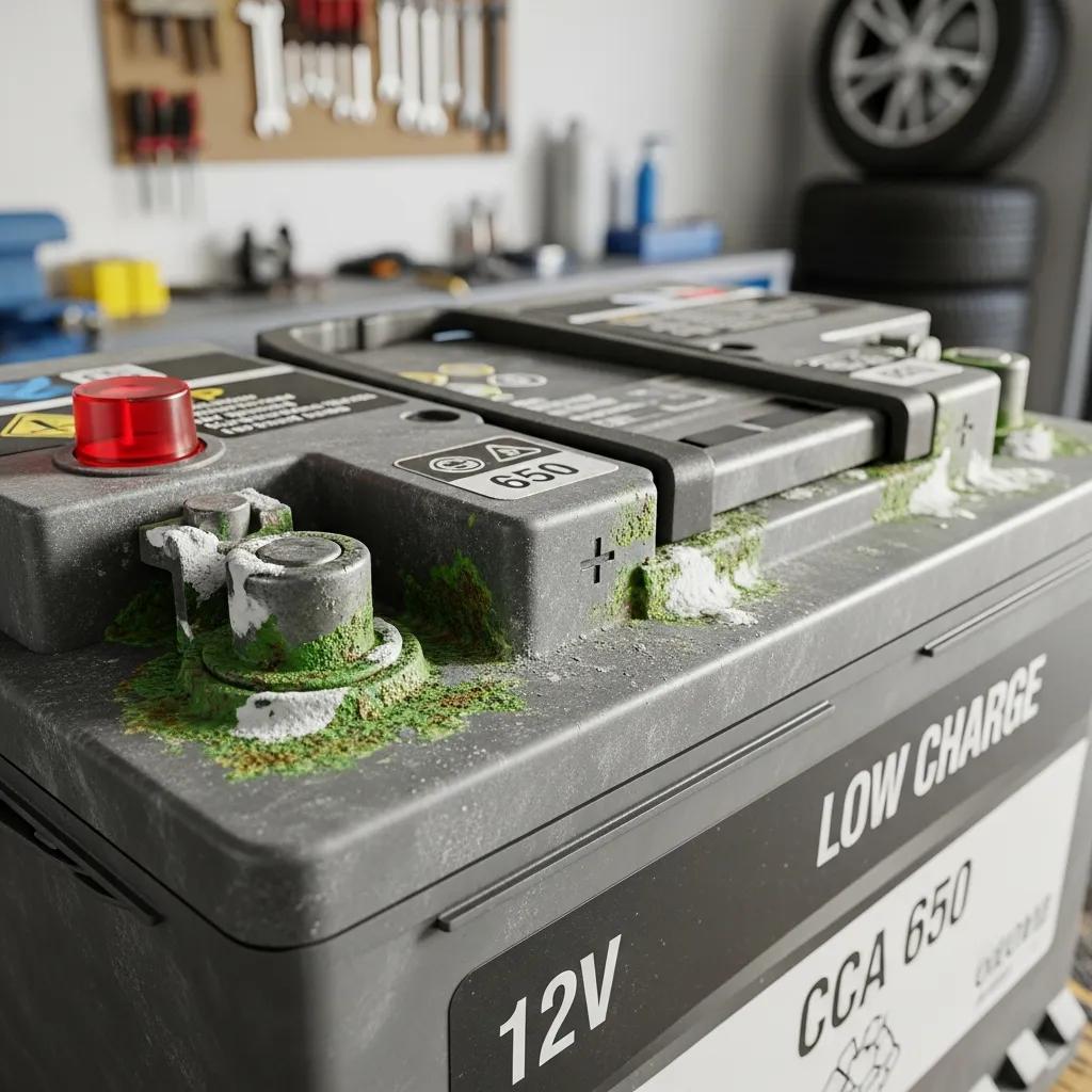 Close-up of a car battery showing signs of wear and corrosion, emphasizing the importance of recognizing battery issues for maintenance and prevention of breakdowns.